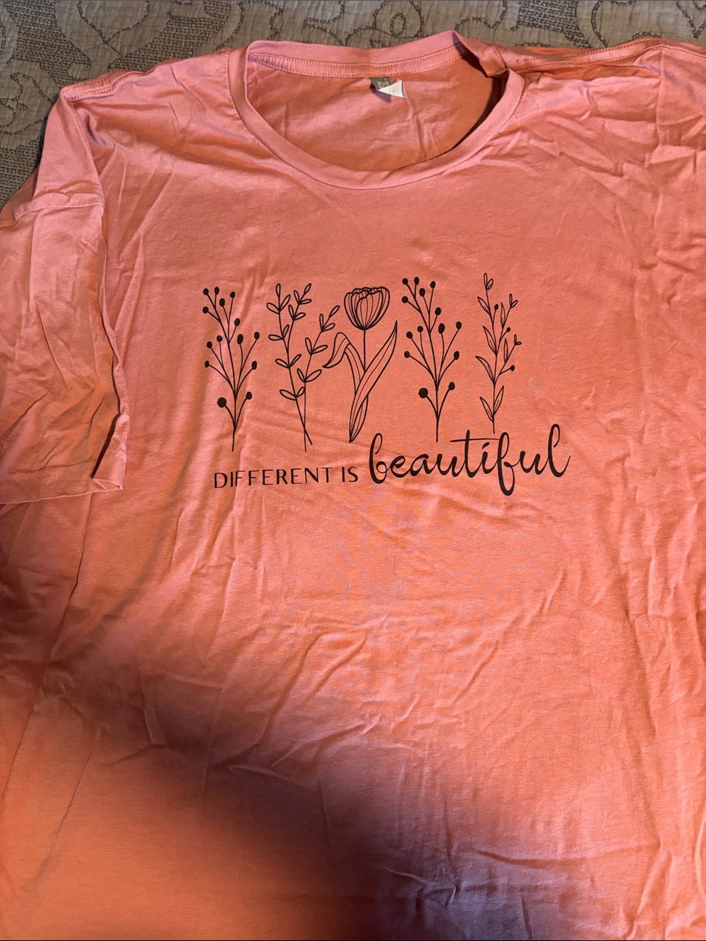 Heritage Coral Short-Sleeve Tee with Floral 'Different is Beautiful' Graphic